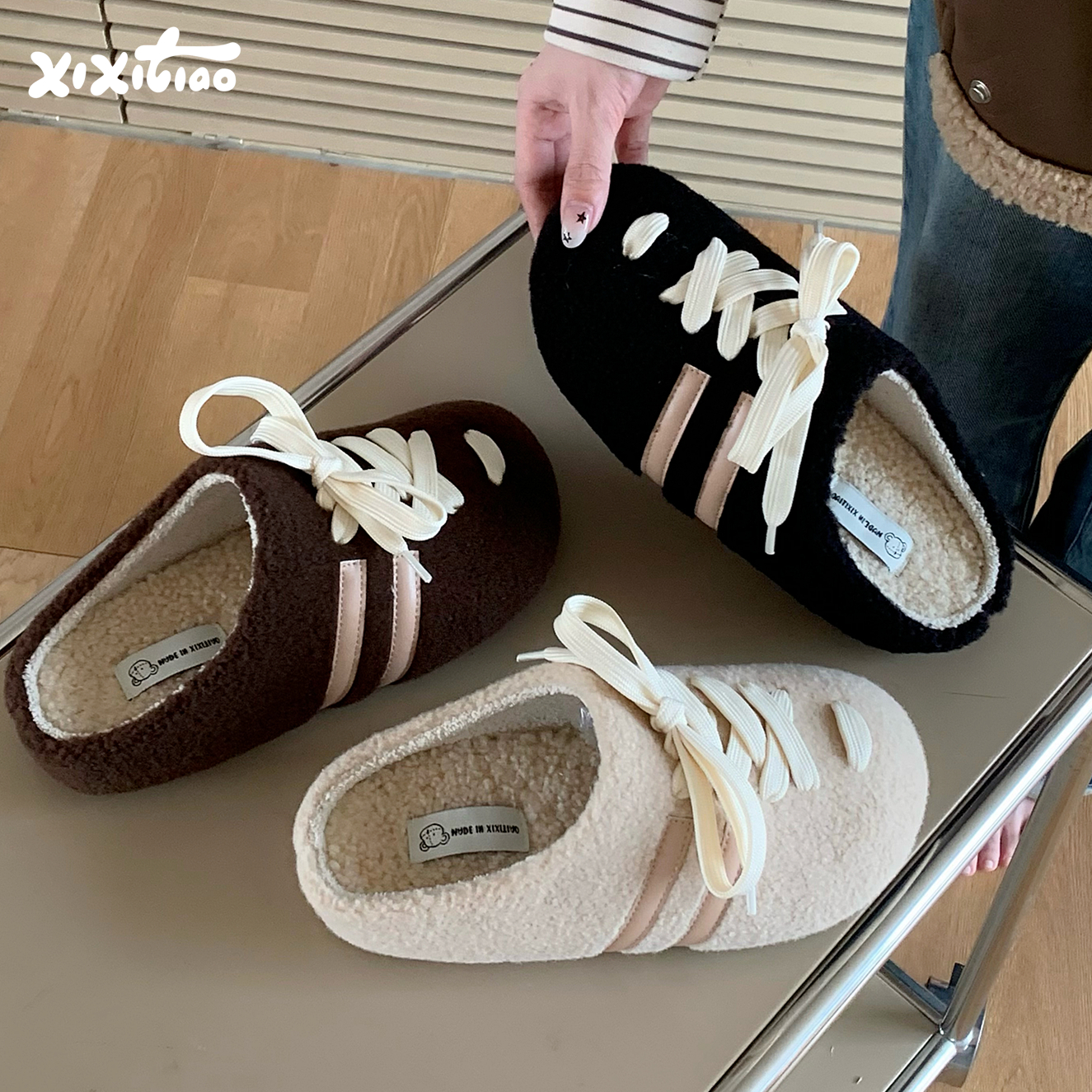 细细条懒人系带毛毛拖鞋女