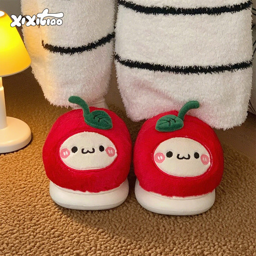 细细条可爱红苹果小猫棉拖鞋女