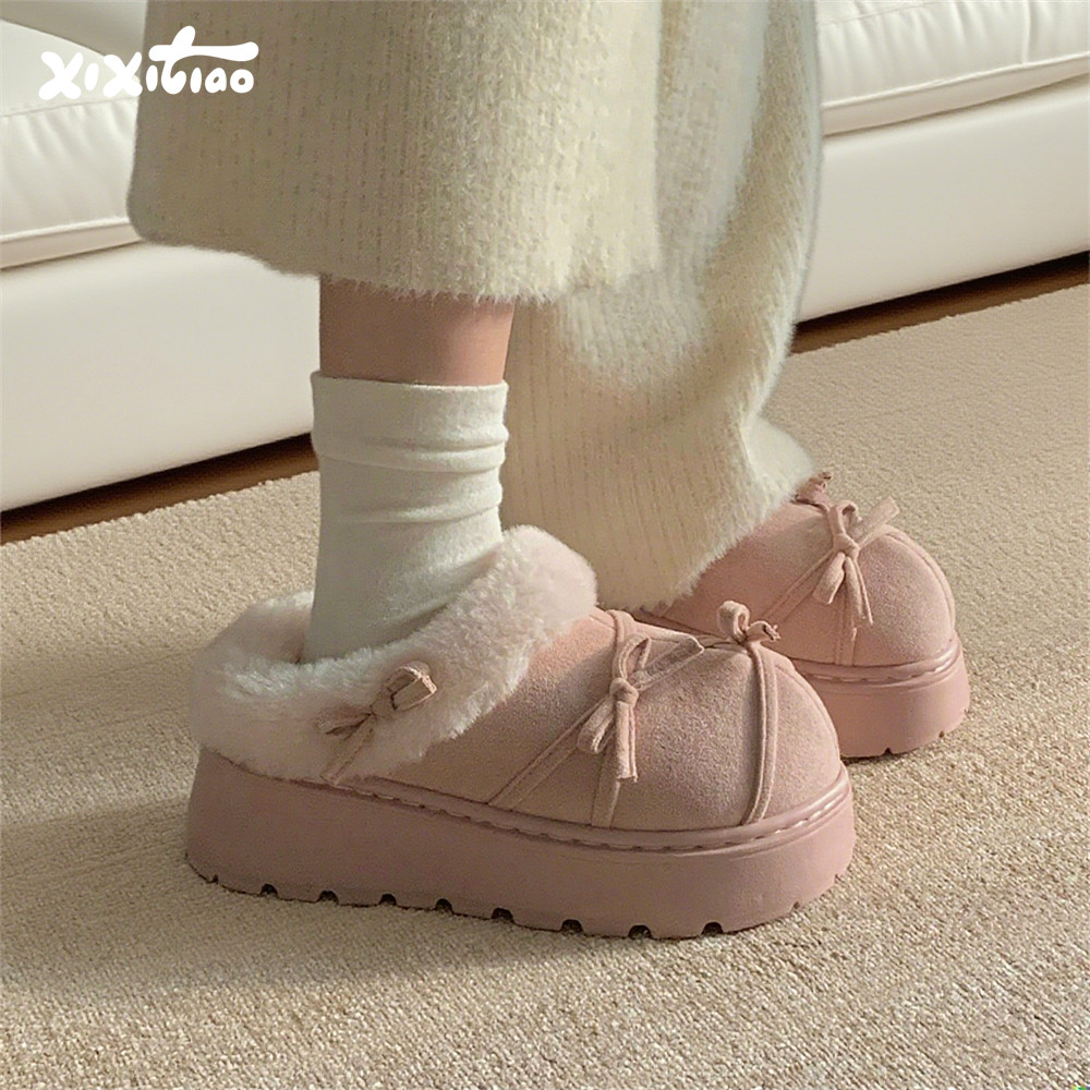 细细条韩系蝴蝶结一脚蹬棉拖鞋