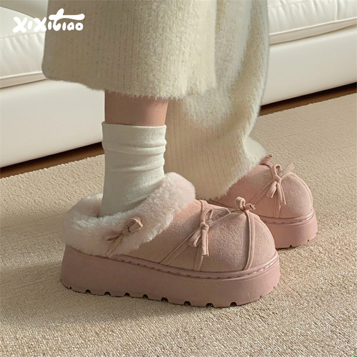 细细条韩系蝴蝶结一脚蹬棉拖鞋