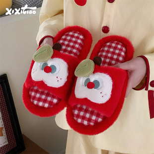 女ins 宿舍居家防滑可爱学生秋冬一字棉拖鞋 细细条 红苹果毛毛拖鞋