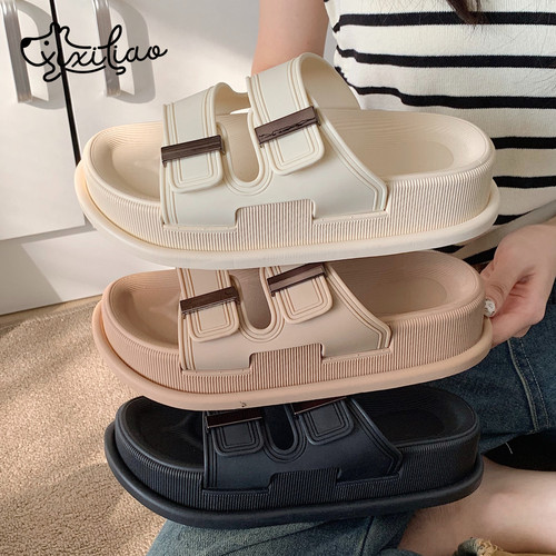 细细条厚底增高时尚外穿双带拖鞋