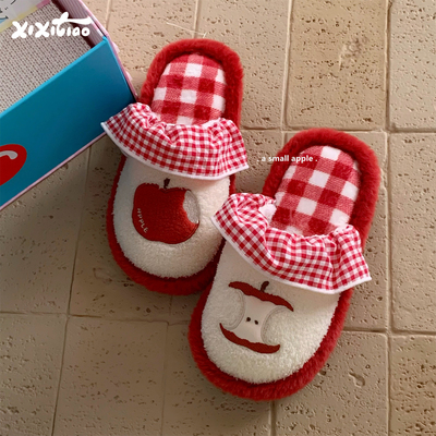 细细条ins风可爱红苹果棉拖鞋