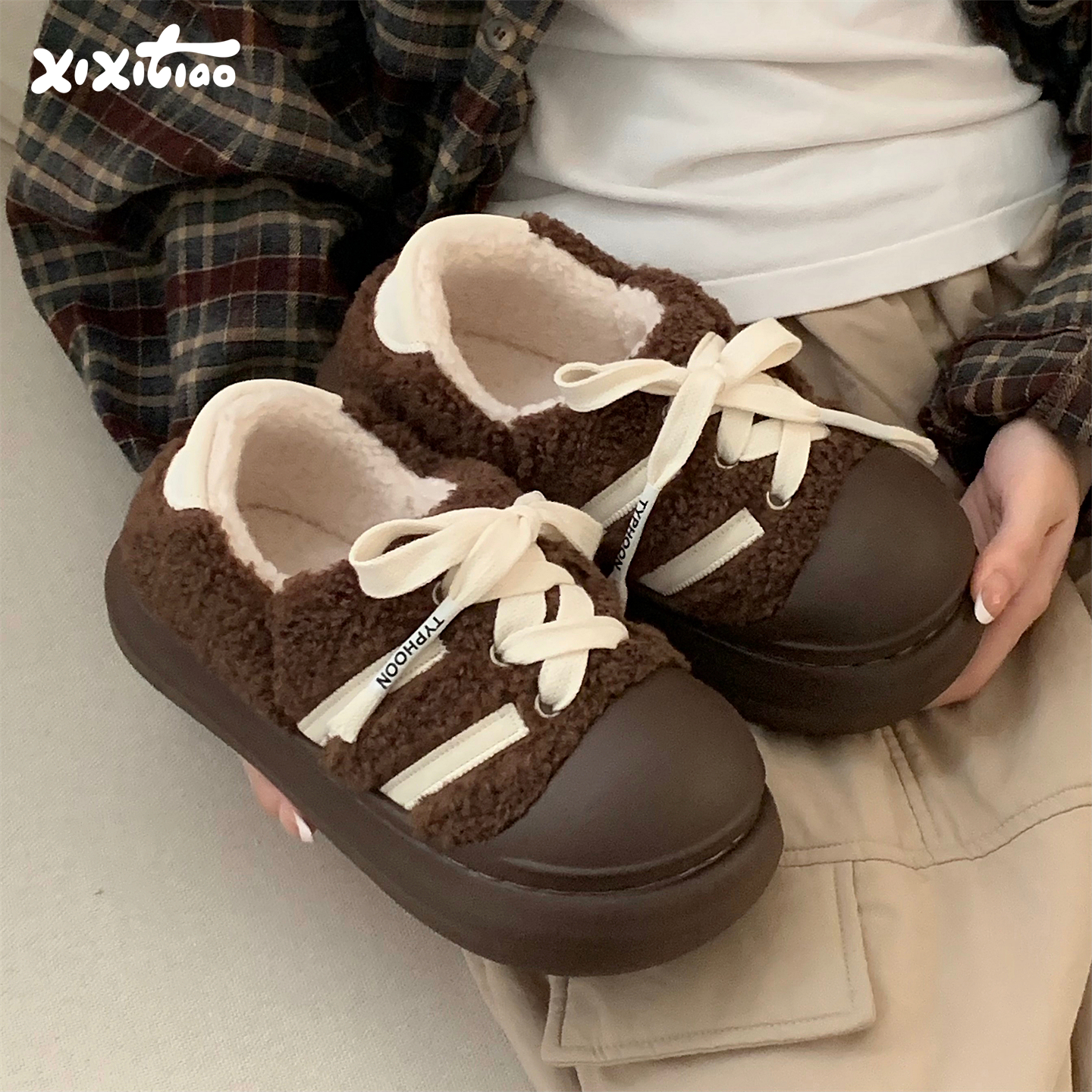 细细条时尚系带户外板鞋棉鞋女