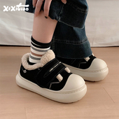 加绒魔术贴厚底毛毛鞋 女冬季 百搭保暖运动休闲板鞋 细细条 棉鞋 ins