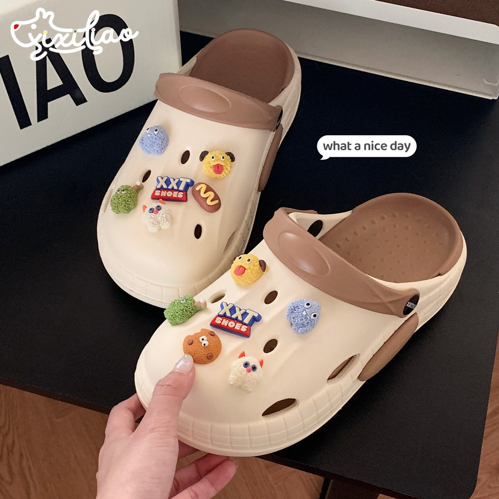 细细条 个性小怪兽情侣户外凉拖鞋夏季潮酷时尚拿铁色男女洞洞鞋