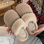 复古民族风冬季 月子鞋 保暖时尚 细细条 居家防滑厚底外穿棉拖鞋 女