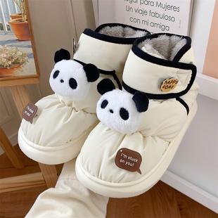 情侣冬季 百搭拼色棉鞋 软萌可爱熊猫雪地靴男女 街头风时尚 细细条