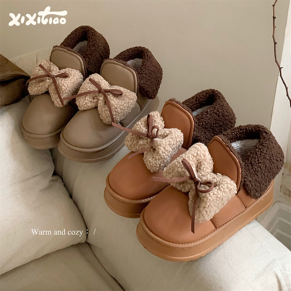 细细条羊羔毛蝴蝶结时尚雪地靴