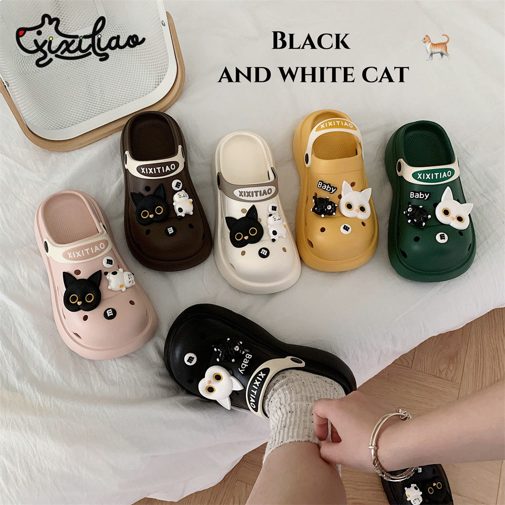 细细条 厚底轻便洞洞鞋卡通黑白小猫新款街头风时尚户外女夏凉拖