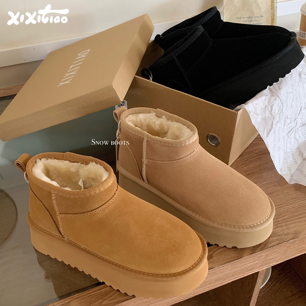 细细条真牛皮羊毛厚底雪地靴