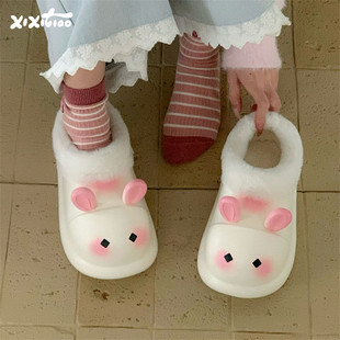 细细条 可爱小兔子防水棉拖鞋女懒人防滑居家保暖月子鞋冬季棉鞋