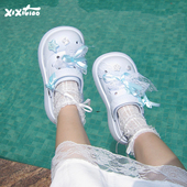 女夏海边沙滩防滑仙女风凉拖鞋 细细条 韩系甜美蕾丝蝴蝶结洞洞鞋