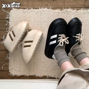 厚底板鞋 细细条 冬季 女士外穿运动风时尚 学生百搭系带双杠小白鞋