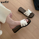 拼色坡跟防滑一字拖女休闲百搭方头凉拖鞋 外穿时尚 ins 夏季 细细条