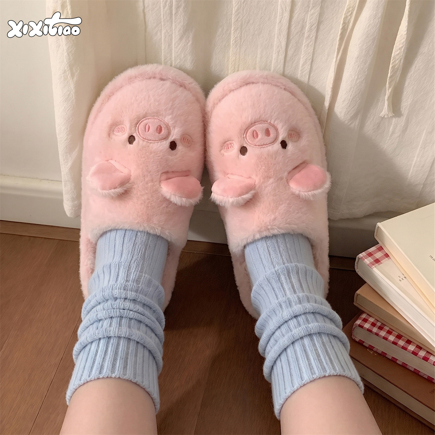 细细条 可爱粉嫩小猪棉拖鞋男女包头秋冬少女心情侣家居毛毛鞋ins