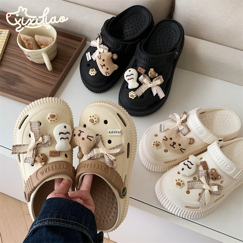 细细条 韩系可爱小猫包头凉拖鞋女夏季外穿时尚网红蝴蝶结洞洞鞋,居家布艺,居家凉拖/凉鞋,淘宝优惠券,粉丝福利购,淘宝优惠卷