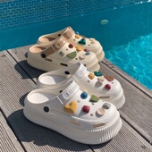 eva厚底包头沙滩凉鞋 细细条 创意爱心纽扣户外防滑包头洞洞鞋 女夏