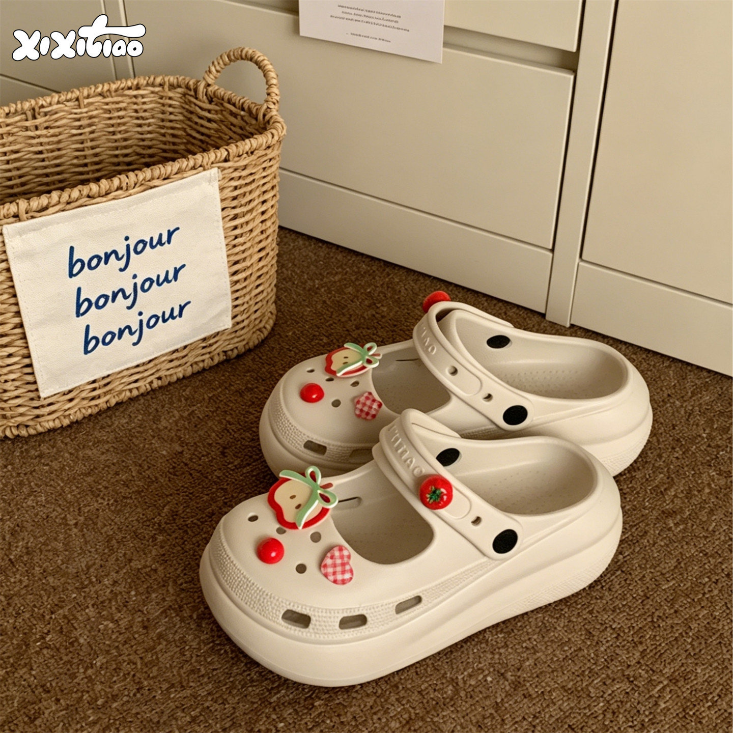 细细条 diy苹果番茄洞洞鞋女足弓支撑夏厚底玛丽珍凉拖防滑沙滩鞋
