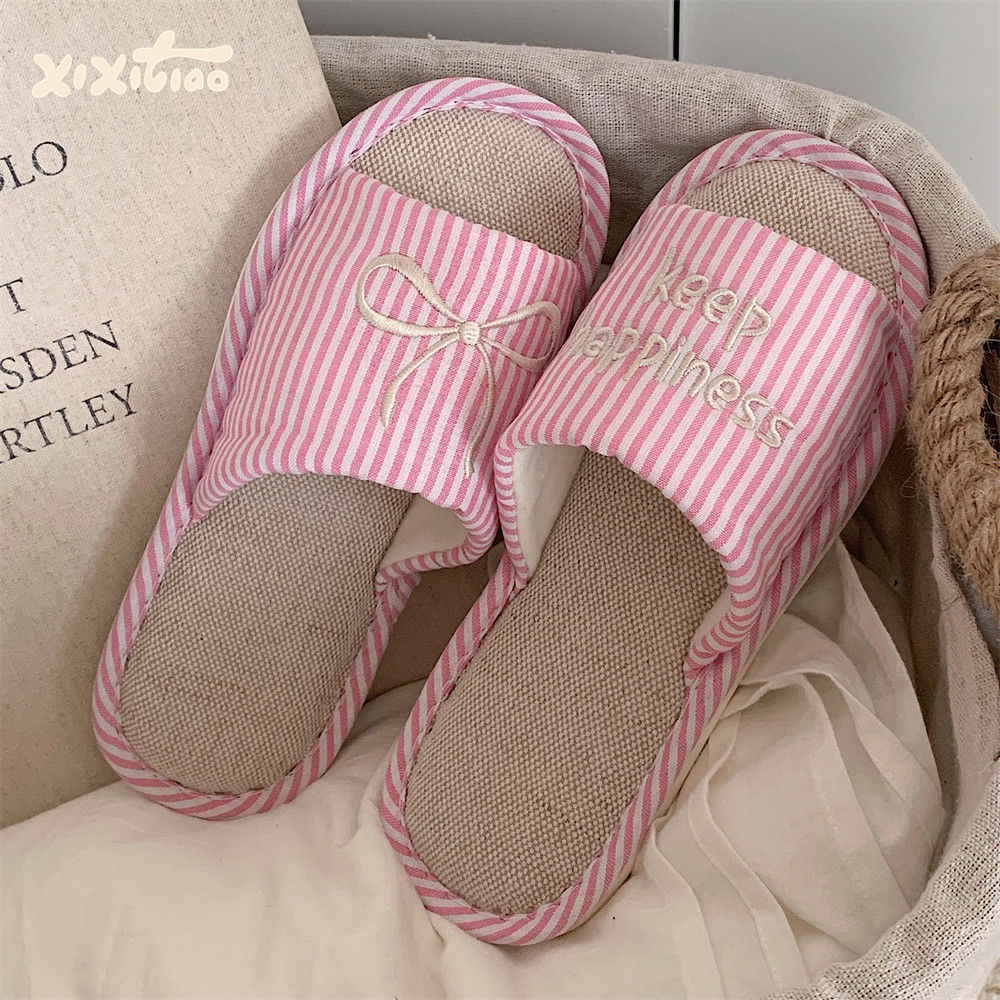 细细条 轻便防滑家用地板鞋ins简约条纹四季通用蝴蝶结亚麻拖鞋女,居家布艺,居家亚麻拖鞋,淘宝优惠券,粉丝福利购,淘宝优惠卷