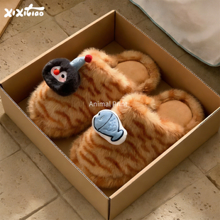 细细条 ins女冬可爱企鹅小鱼棉拖鞋室内家居防滑保暖高级感毛毛鞋