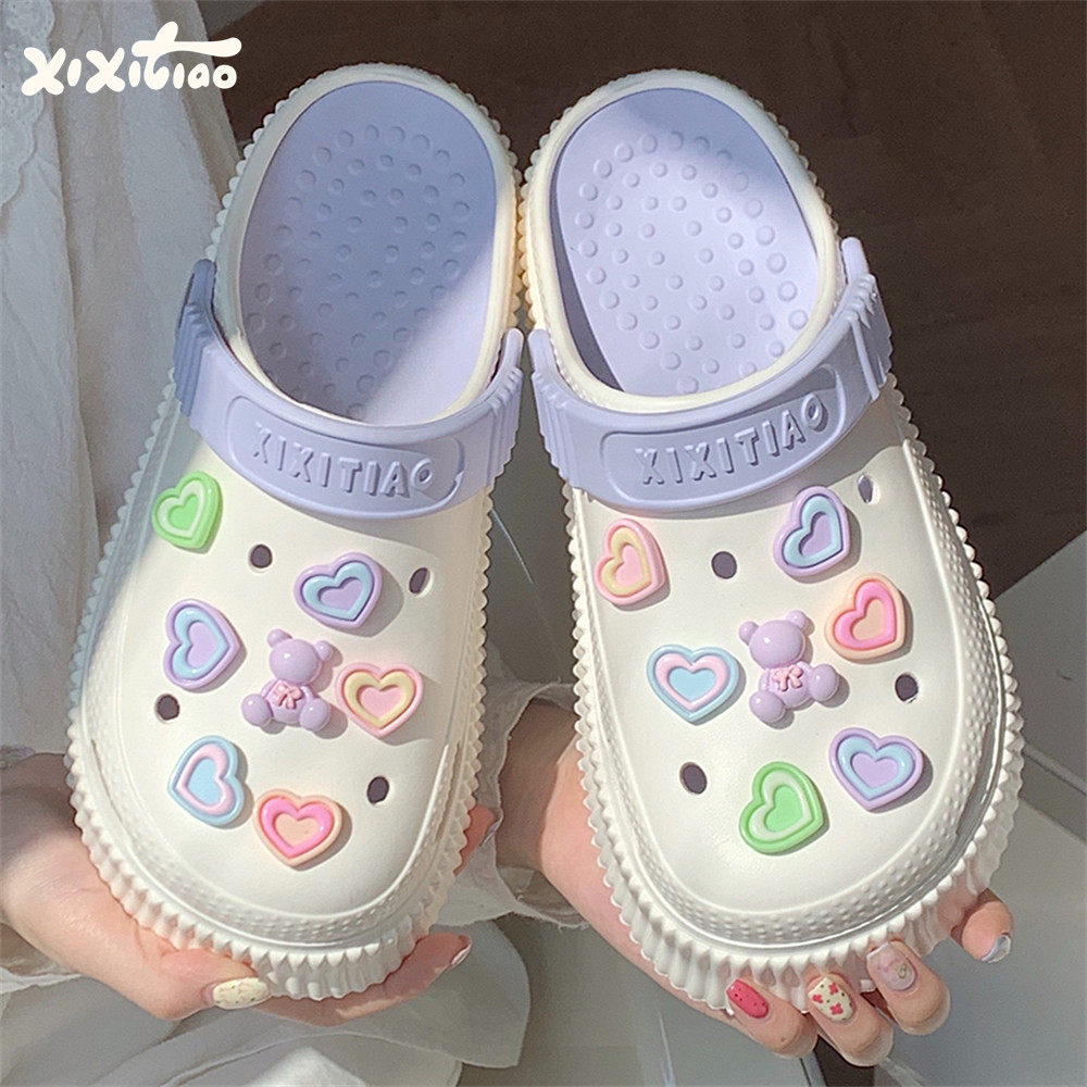 细细条 韩系彩色爱心洞洞鞋百搭网红松糕厚底女士外穿夏季凉拖鞋,居家布艺,居家凉拖/凉鞋,淘宝优惠券,粉丝福利购,淘宝优惠卷