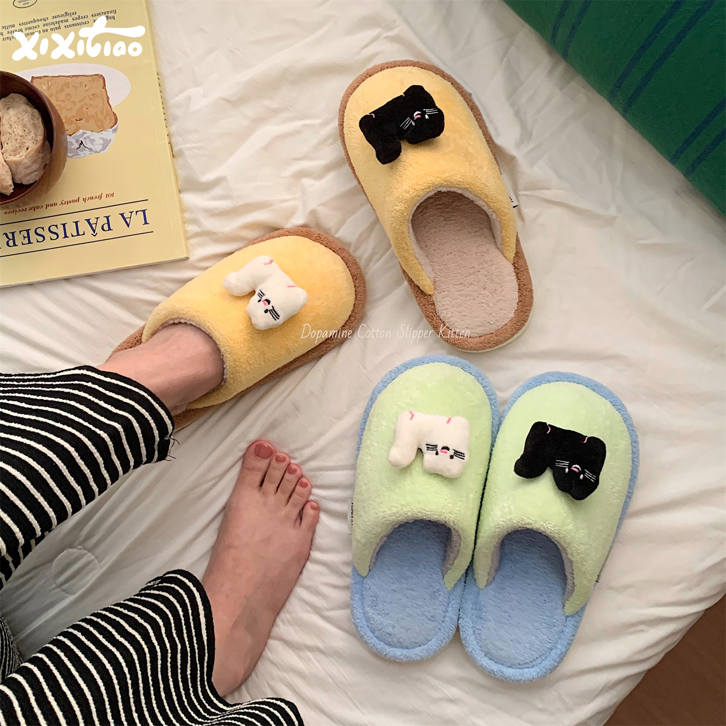 细细条 黑白小猫情侣居家撞色秋冬可爱时尚包头防滑男女棉拖鞋ins,居家布艺,居家棉拖/棉鞋,淘宝优惠券,粉丝福利购,淘宝优惠卷