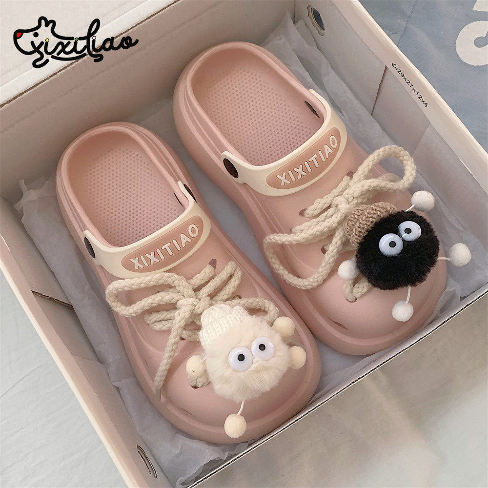 细细条 洞洞鞋女个性搞怪黑白煤球2024夏季新款时尚外穿凉拖鞋ins,居家布艺,居家凉拖/凉鞋,淘宝优惠券,粉丝福利购,淘宝优惠卷