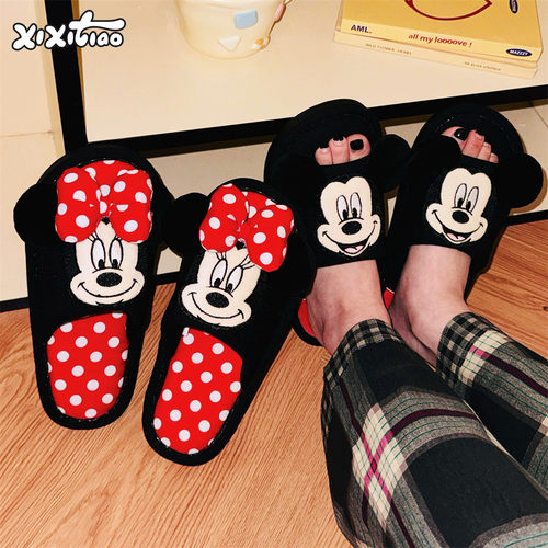细细条迪士尼米奇米妮棉麻拖鞋