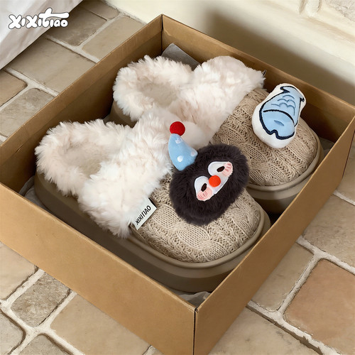 细细条可爱企鹅小鱼棉拖鞋女