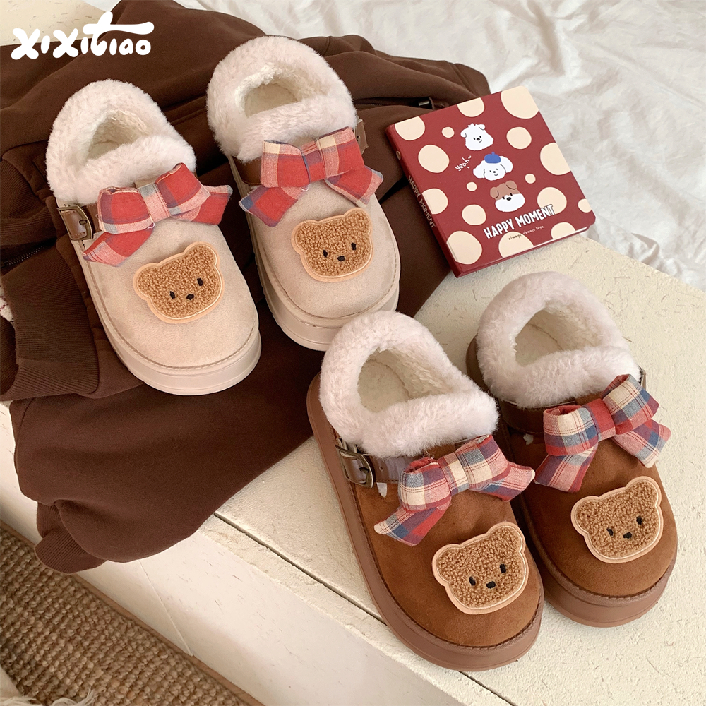 细细条格子蝴蝶结小熊勃肯鞋