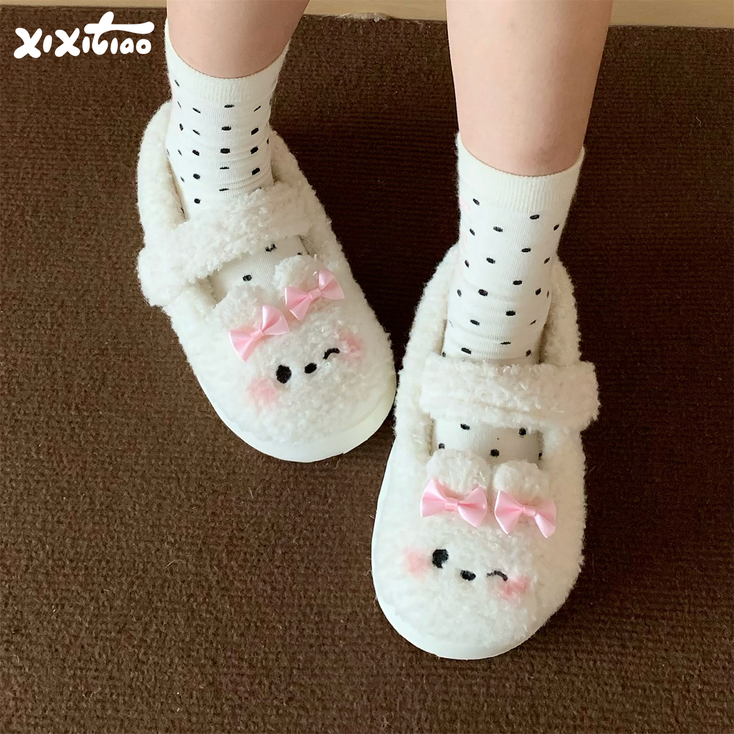 细细条甜美兔子玛丽珍毛毛鞋