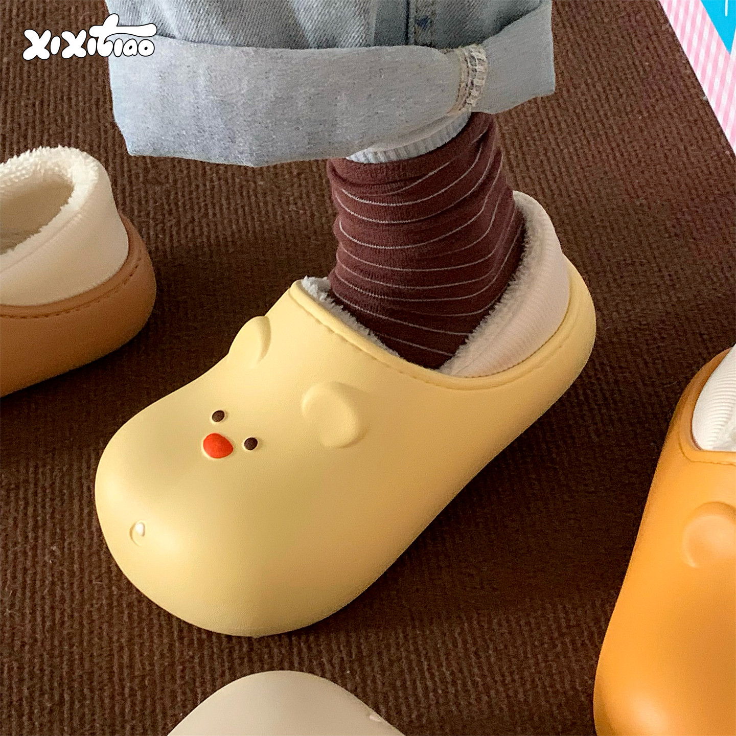 细细条 保暖包跟可爱小熊防水棉拖鞋女冬居家外穿防滑棉鞋月子鞋,居家布艺,居家棉拖/棉鞋,淘宝优惠券,粉丝福利购,淘宝优惠卷