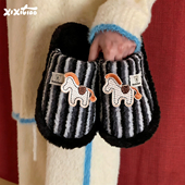 撞色条纹情侣居家鞋 冬季 新款 细细条 软底防滑男女可爱刺绣棉拖鞋
