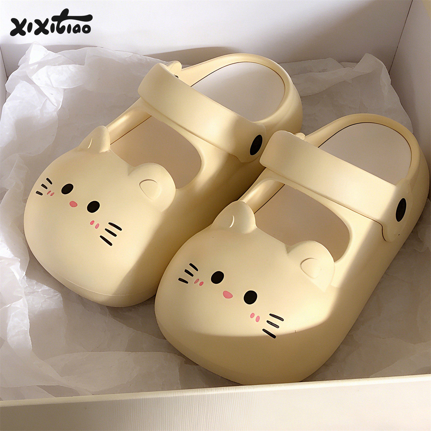 细细条 可爱小猫玛丽珍包头防撞凉拖女防滑足弓厚底夏沙滩洞洞鞋