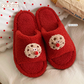 细细条 情侣红色棉拖鞋 新婚喜庆毛毛拖鞋 男女红鼻子曲奇饼干冬季