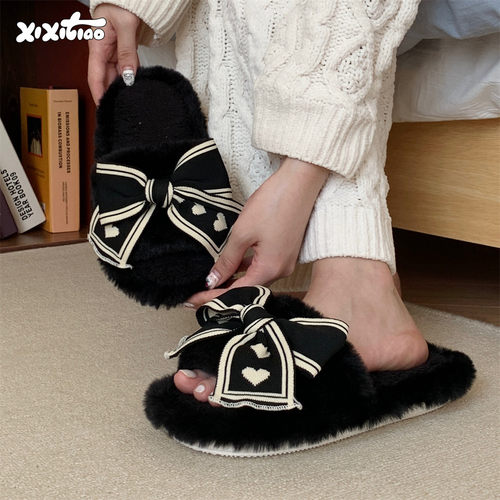 细细条ins爱心蝴蝶结毛毛拖鞋女