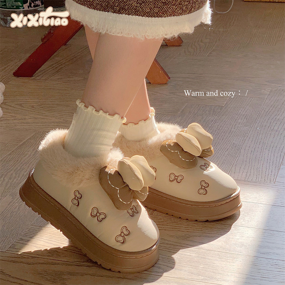 细细条 时尚防水PU网红雪地靴女加绒保暖冬季户外拼色蝴蝶结棉鞋,女鞋,时尚雪地靴,淘宝优惠券,粉丝福利购,淘宝优惠卷