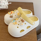 网红可爱室外防滑包头凉拖鞋 2024新款 女 黄油色小熊洞洞鞋 细细条