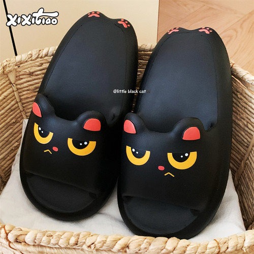 细细条生气小黑猫拖鞋夏可爱趣味
