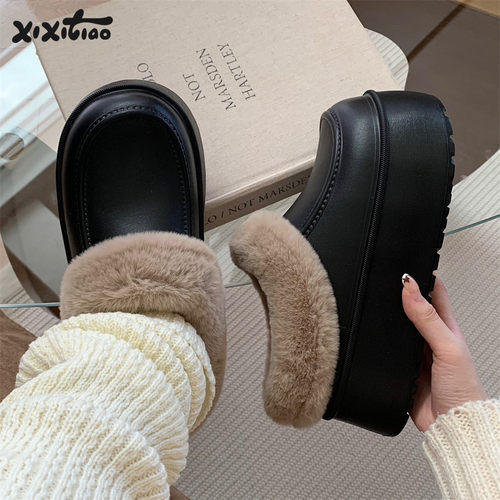 细细条厚底增高懒人包头棉鞋