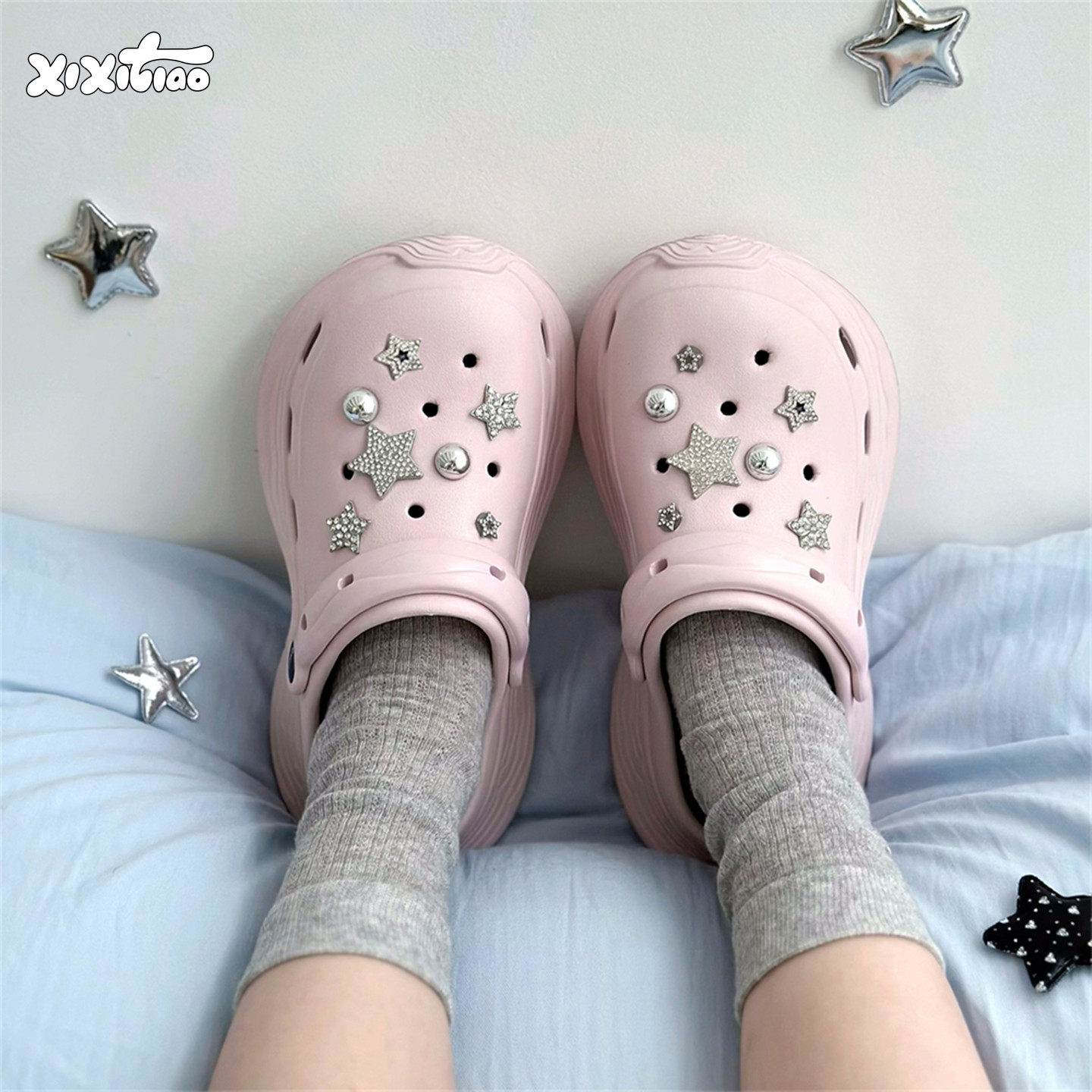 细细条 创意个性钻石星星厚底外穿洞洞鞋女海边度假沙滩凉拖鞋夏