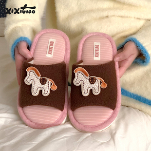 男女可爱情侣一字棉拖鞋 刺绣小马地板鞋 室内防滑秋冬新款 细细条