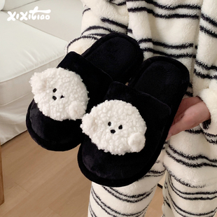 趣味平底防滑毛毛拖男女 冬季 细细条 立体比熊小狗情侣居家棉拖鞋