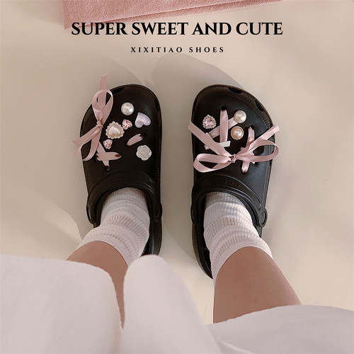 细细条蝴蝶结爱心时尚洞洞鞋