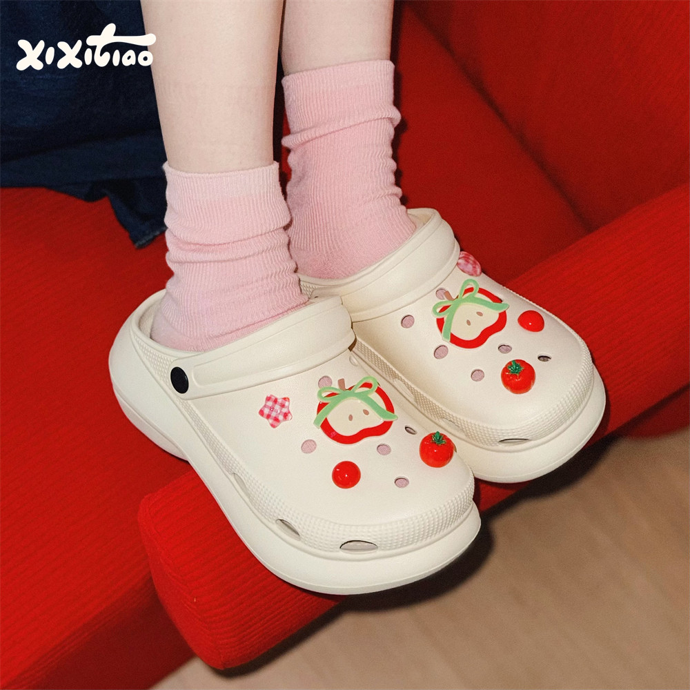 细细条立体红苹果番茄洞洞鞋女