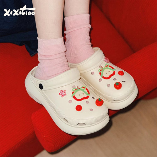 细细条立体红苹果番茄洞洞鞋女