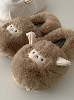 细细条 软萌保暖毛绒绒全包跟棉拖鞋冬天女士室内居家防滑月子鞋