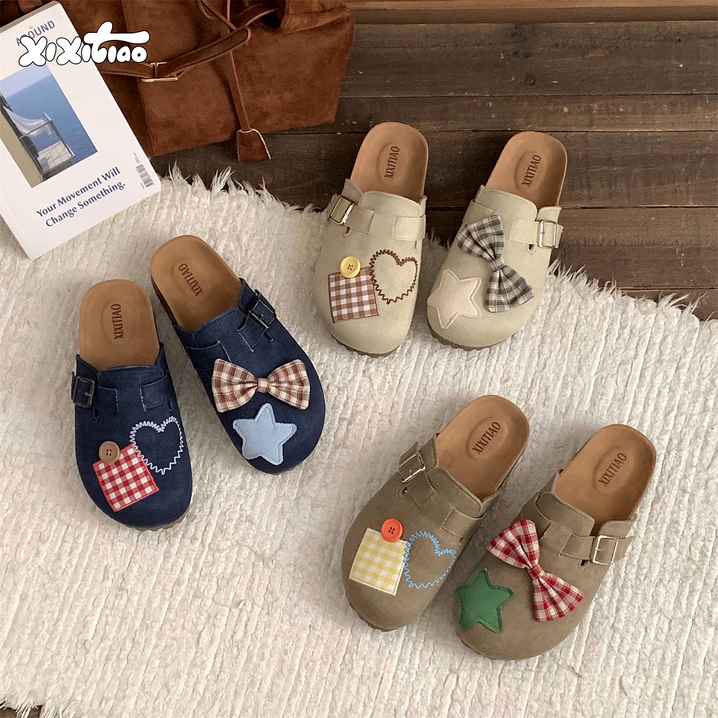 细细条ins格子蝴蝶结包头半拖鞋