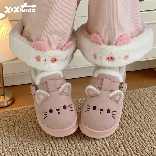细细条软萌小猫女冬加绒乐福鞋